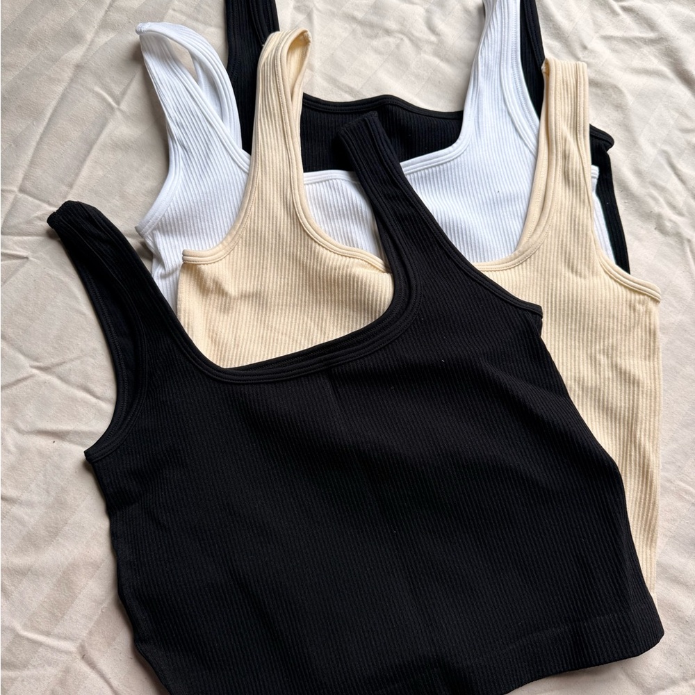 OQQ Ribbed Crop Tops in Black, White, and Beige. Size M.